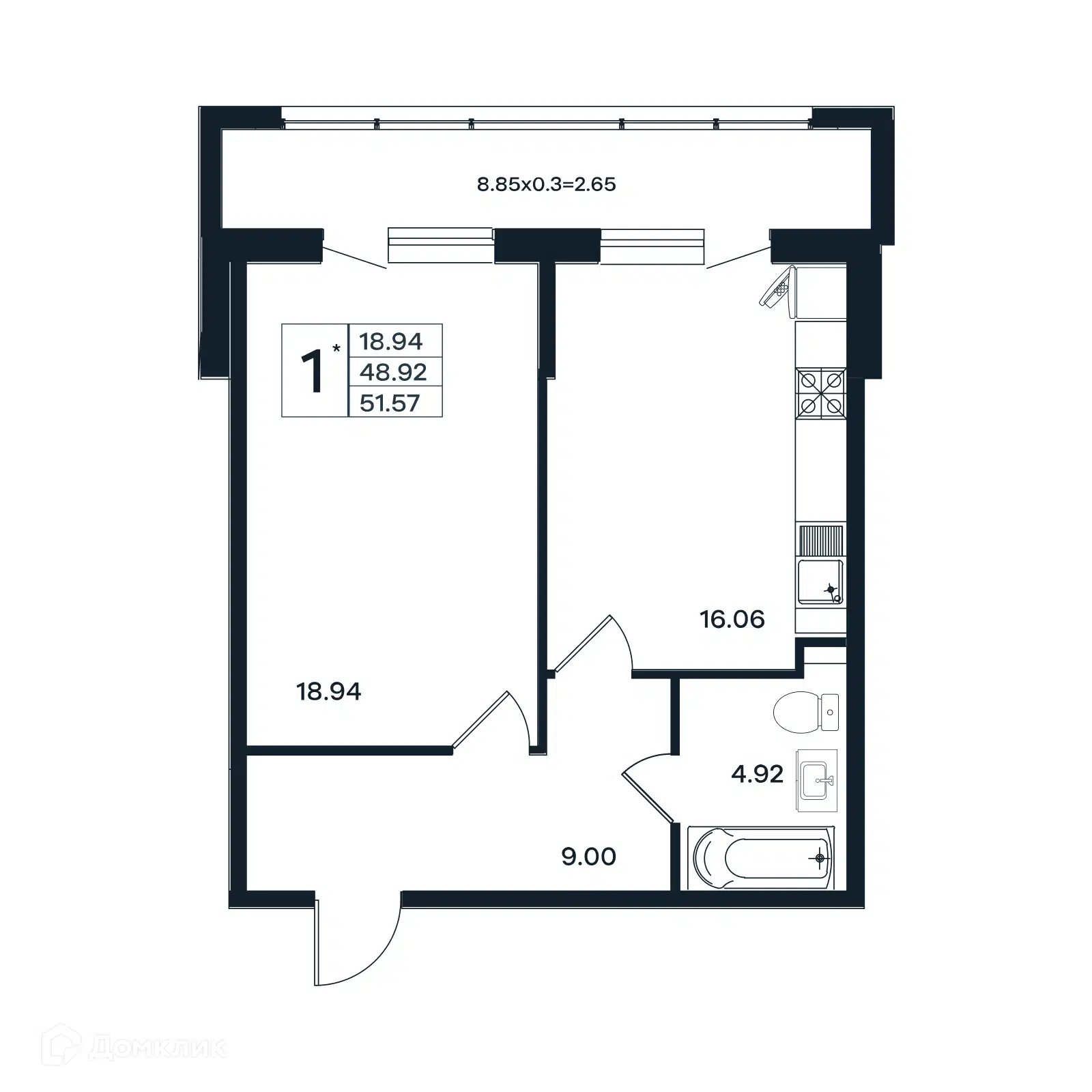 Планировка: 1-комн. квартира 51.57 м² в новостройке Эндемик