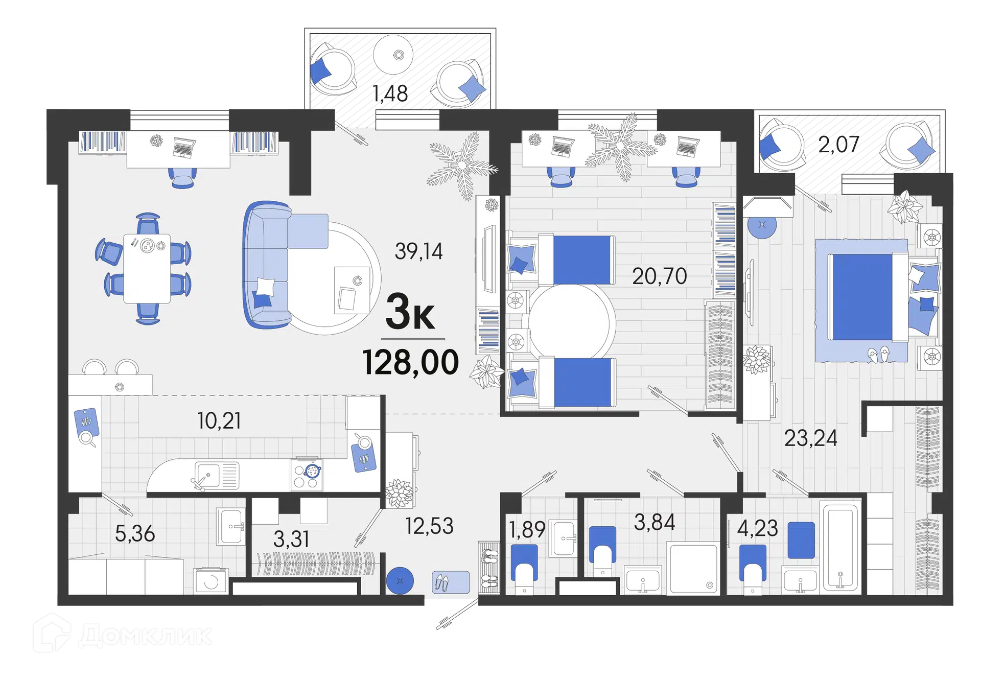 Планировка: 3-комн. квартира 128.29 м² в новостройке Белые Росы