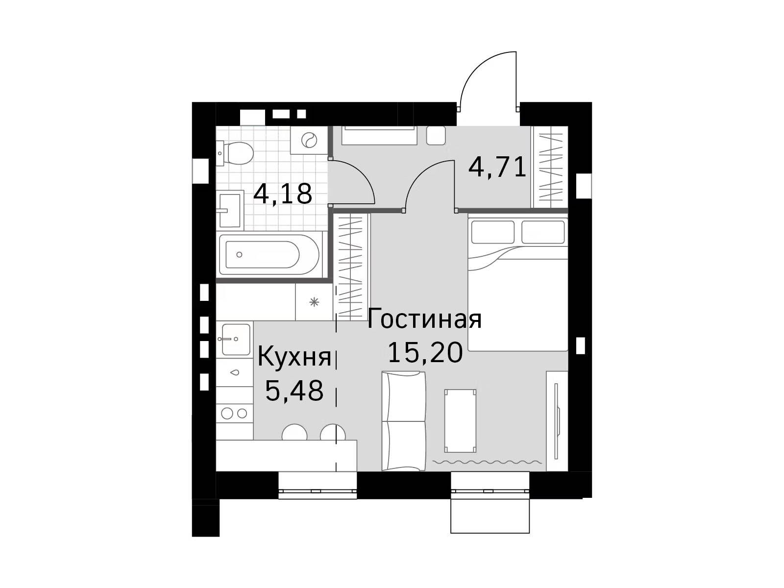 Планировка: 1-комн. квартира 29.57 м² в новостройке Жаворонки Клаб