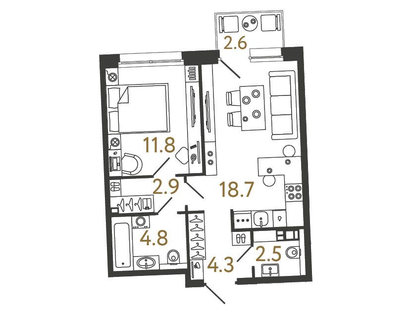 Планировка: 1-комн. квартира 45.00 м² в новостройке Цвет Зеленогорска