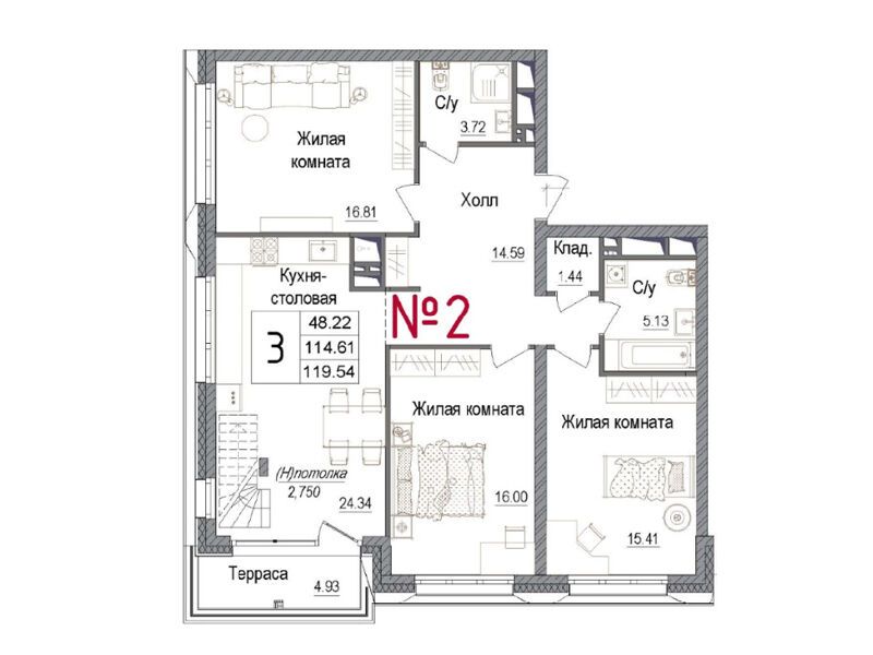 Планировка: 3-комн. квартира 115.83 м² в новостройке Арт