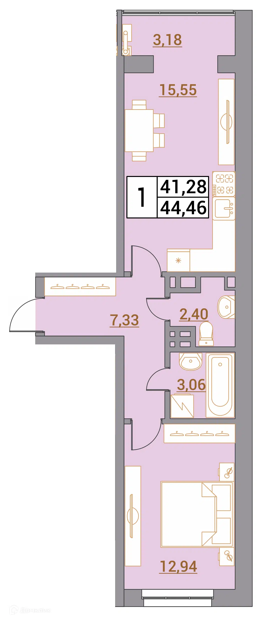 Планировка: 1-комн. квартира 44.46 м² в новостройке Зеленый город