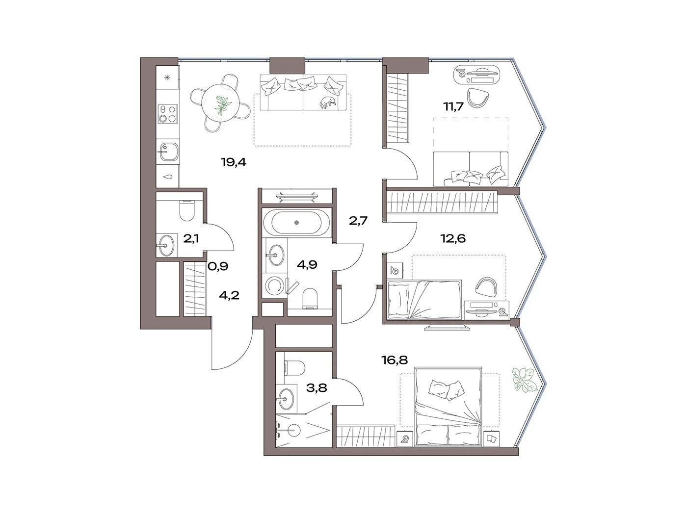 Планировка: 3-комн. квартира 81.50 м² в новостройке Акценты