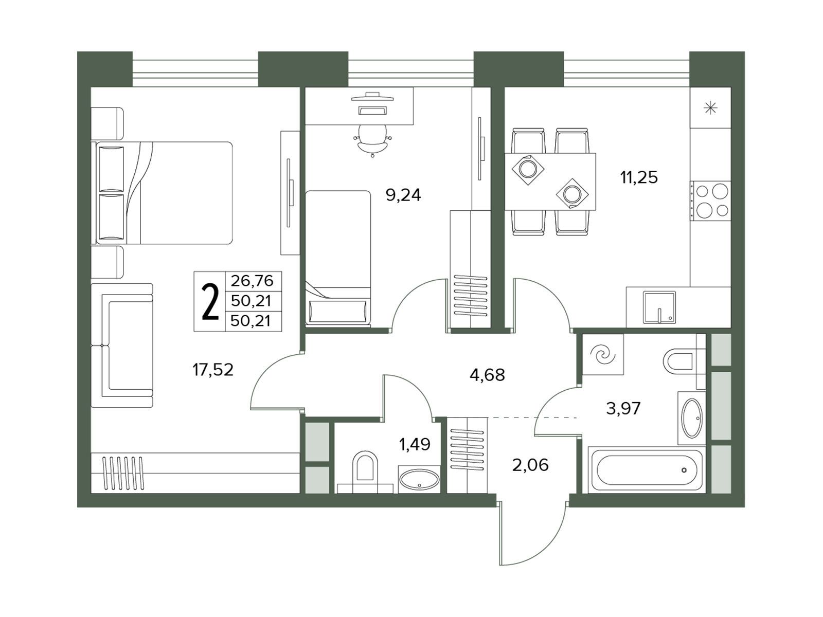 Планировка: 2-комн. квартира 50.21 м² в новостройке Городской бор