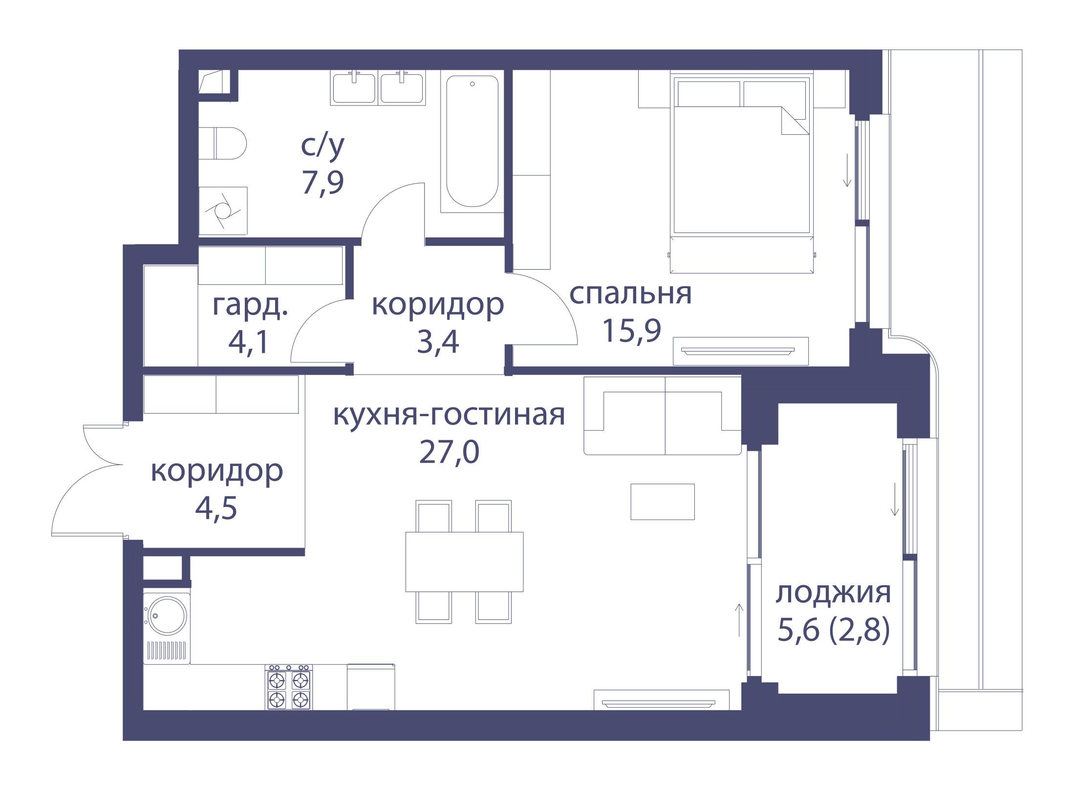 Планировка: 1-комн. квартира 65.60 м² в новостройке Река