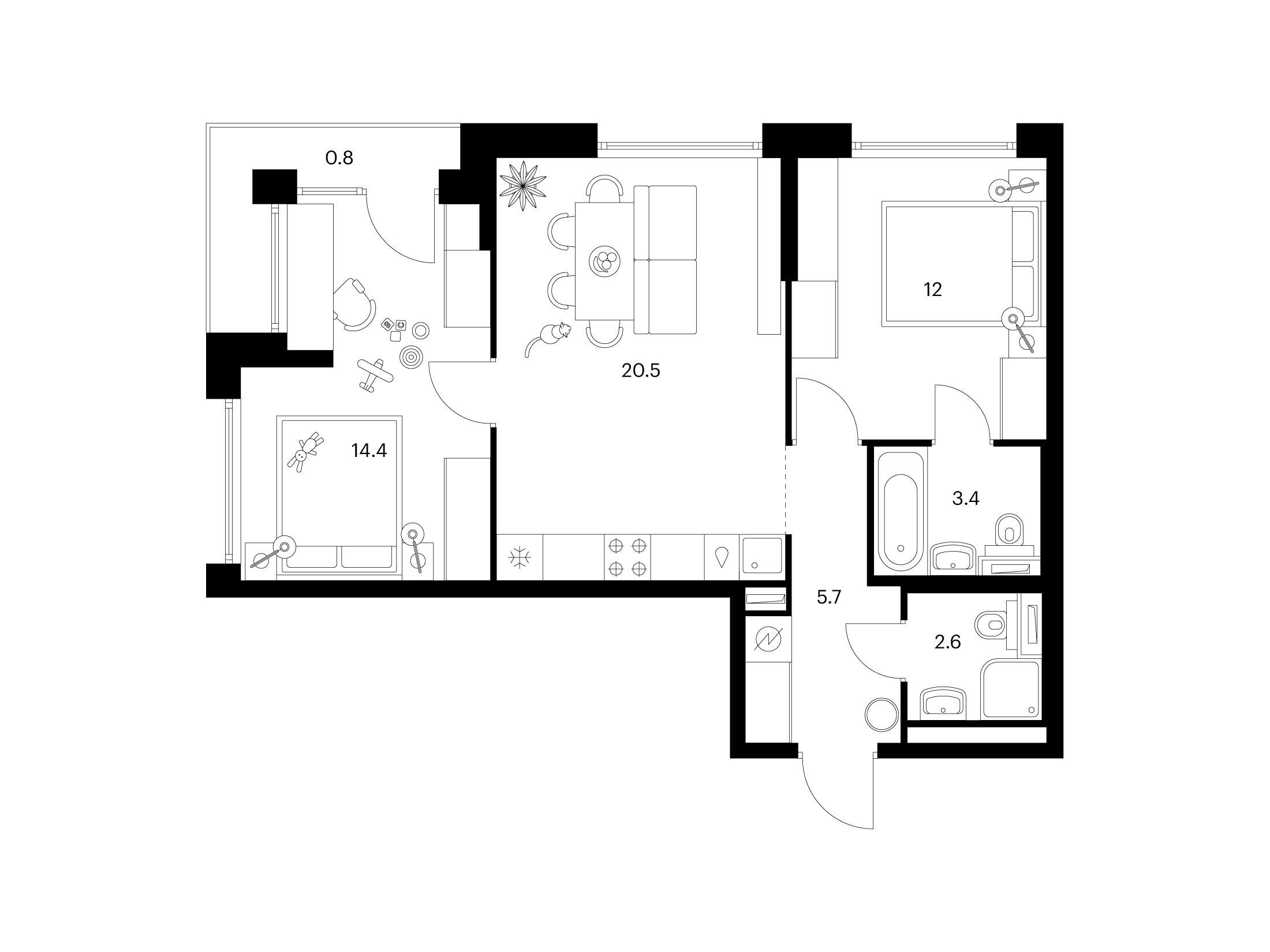 Планировка: 2-комн. квартира 59.40 м² в новостройке Бусиновский парк