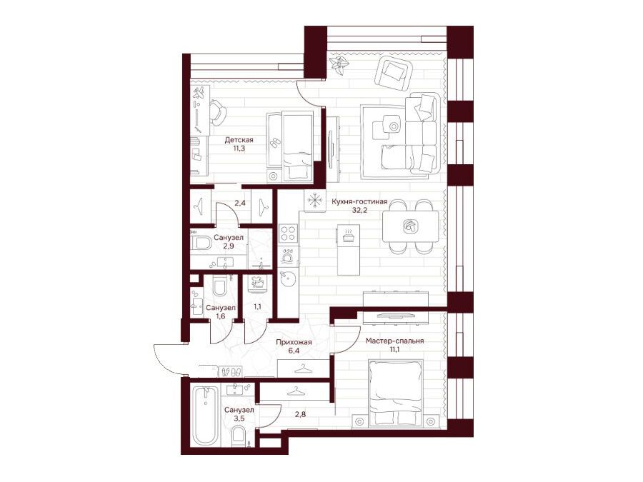 Планировка: 2-комн. квартира 75.30 м² в новостройке Дом 7 Даниловский