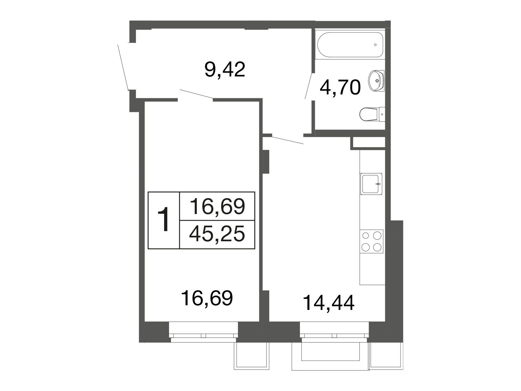 Планировка: 1-комн. квартира 45.20 м² в новостройке Времена года