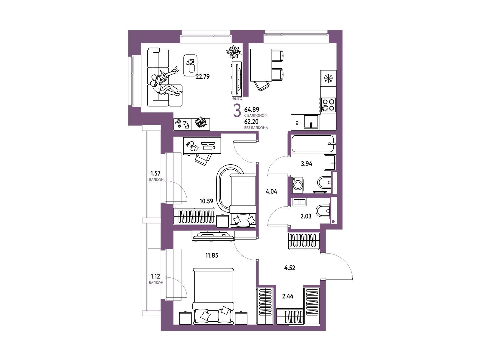 Планировка: 3-комн. квартира 64.89 м² в новостройке ЖК Страна Парковая