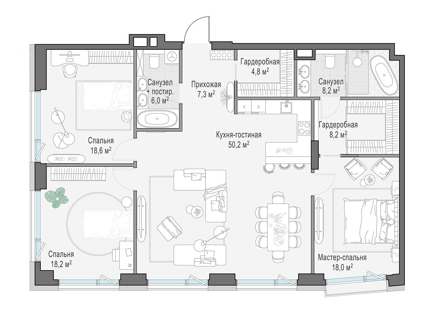 Планировка: 3-комн. квартира 140.70 м² в новостройке Палашёвский 11