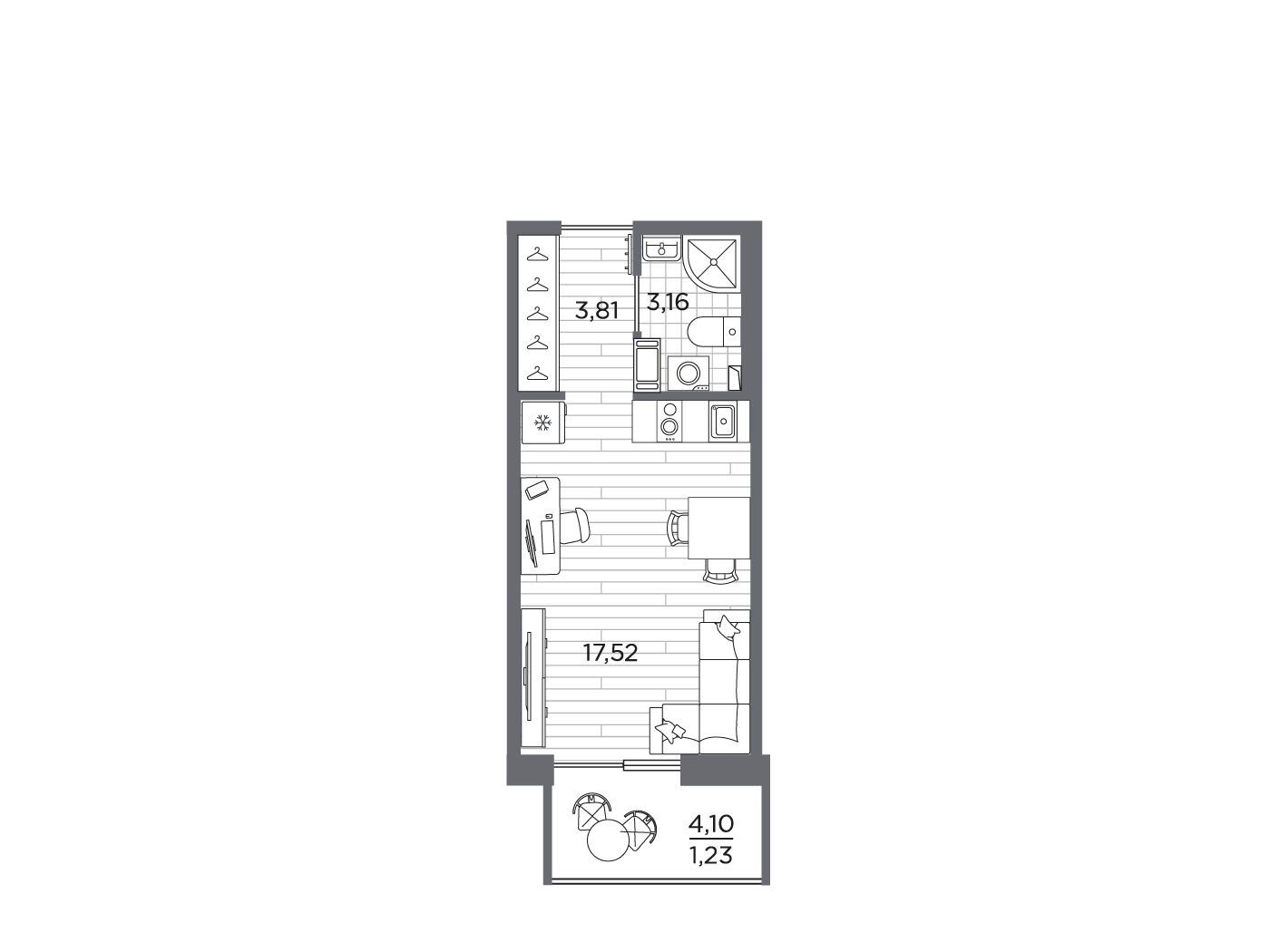 Планировка: Студия 25.72 м² в новостройке Сезоны