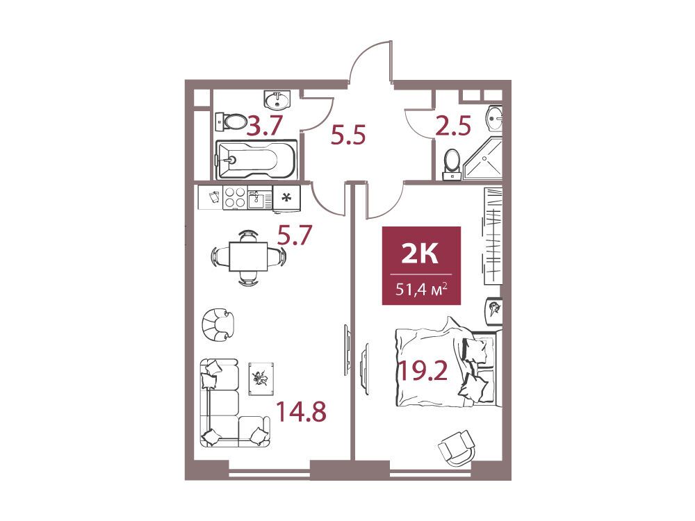 Планировка: 2-комн. квартира 51.40 м² в новостройке Легаси