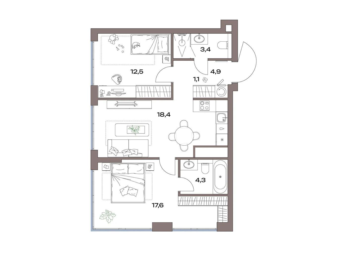 Планировка: 2-комн. квартира 63.40 м² в новостройке Акценты