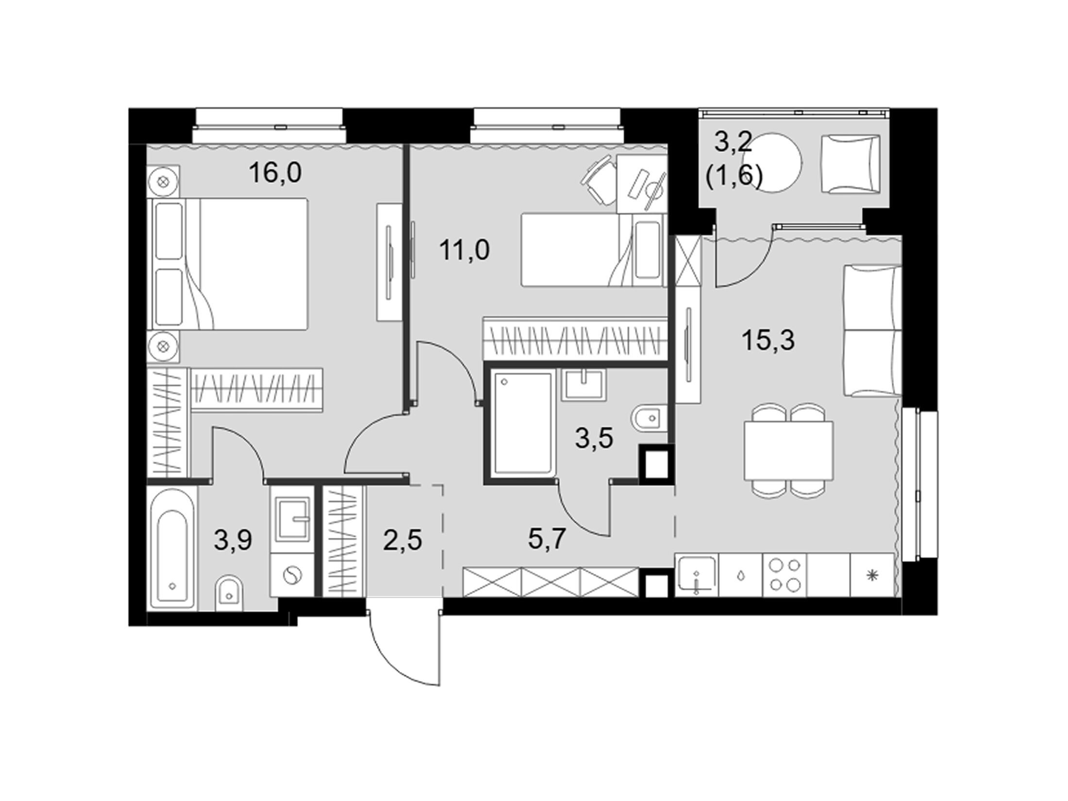 Планировка: 3-комн. квартира 59.50 м² в новостройке Симоновский вал