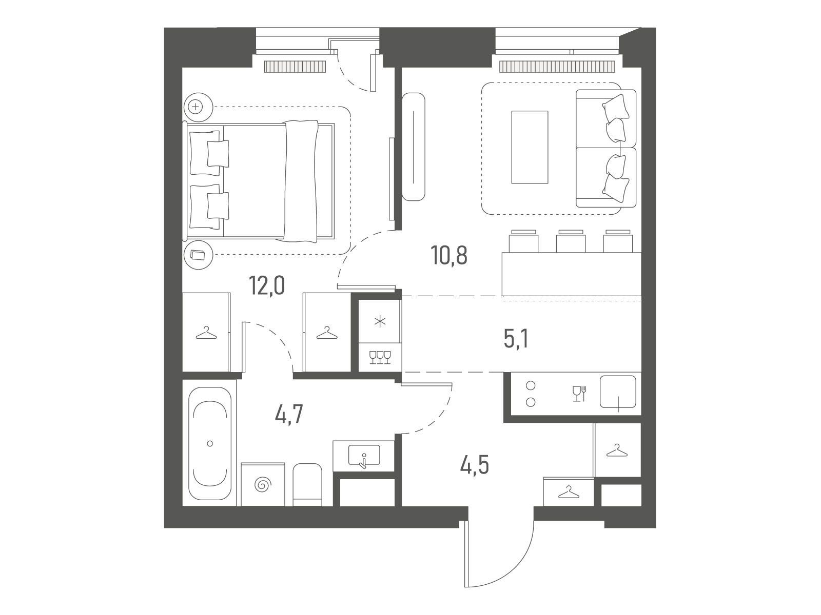 Планировка: 1-комн. квартира 37.10 м² в новостройке Среда на Лобачевского
