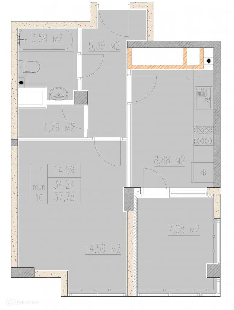 Планировка: 1-комн. квартира 37.78 м² в новостройке Агой-парк