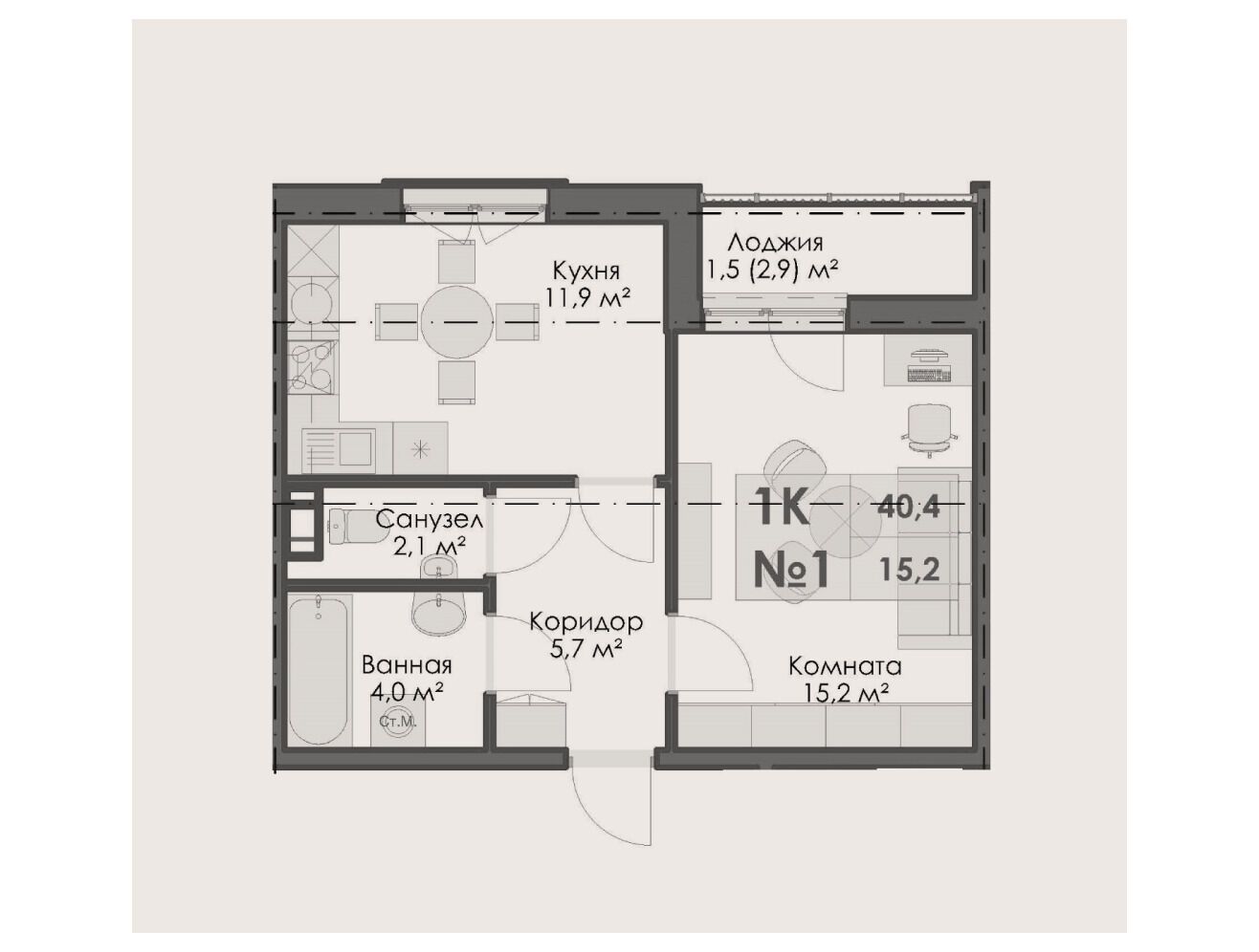 Планировка: 1-комн. квартира 40.40 м² в новостройке На Большом Смоленском