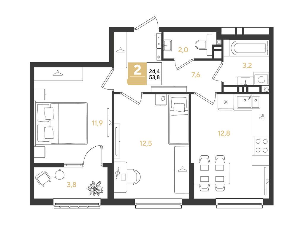 Планировка: 2-комн. квартира 53.80 м² в новостройке Ридз