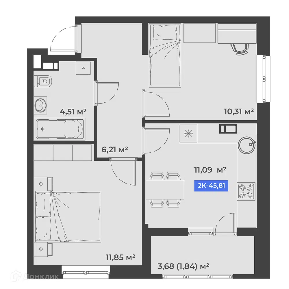 Планировка: 2-комн. квартира 45.81 м² в новостройке Соловей
