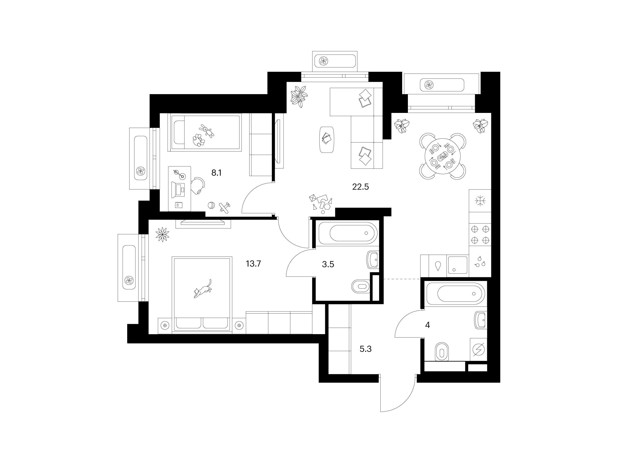 Планировка: 2-комн. квартира 57.10 м² в новостройке Середневский лес