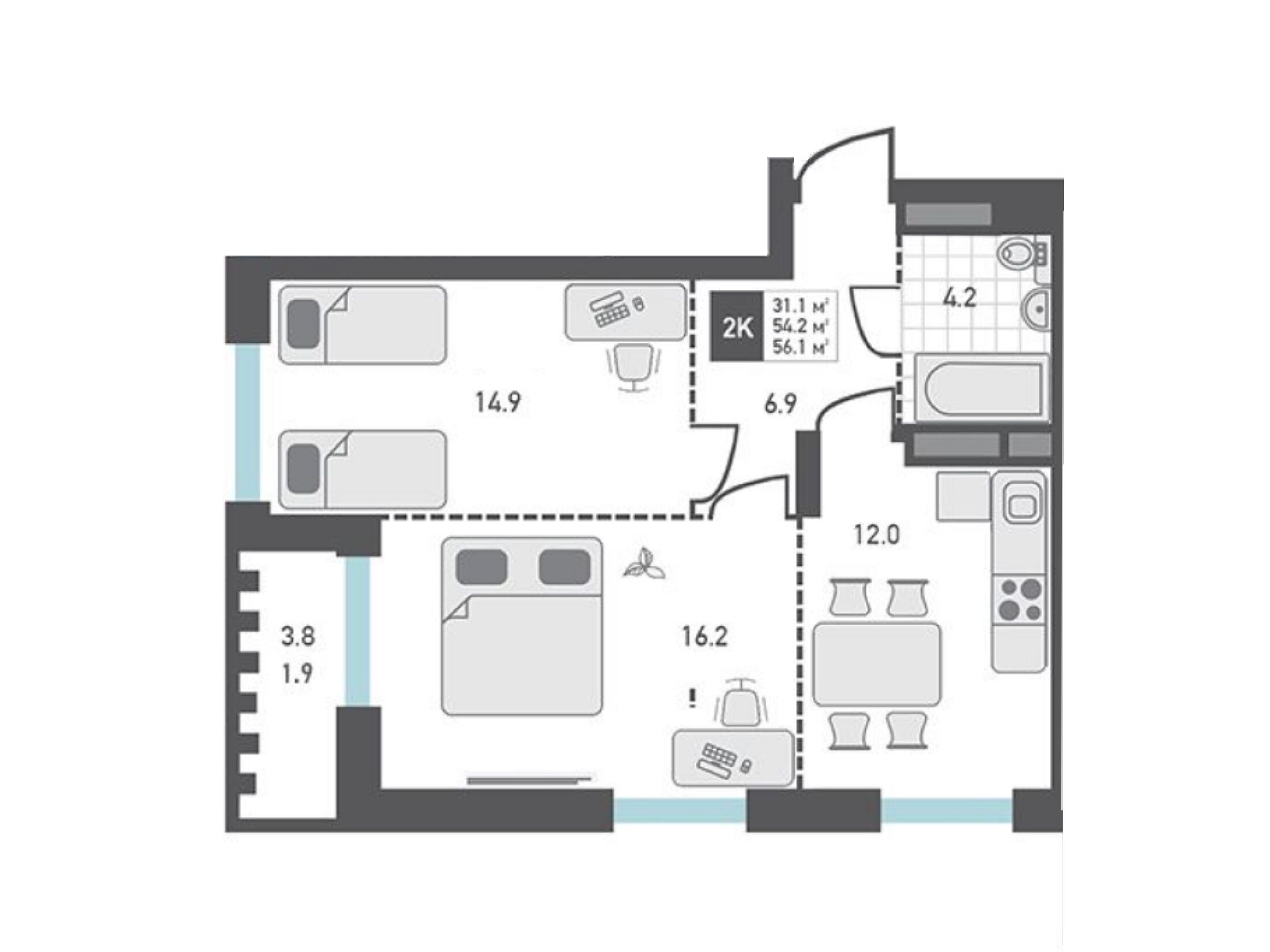 Планировка: 2-комн. квартира 54.20 м² в новостройке Зеленоград Ривьера