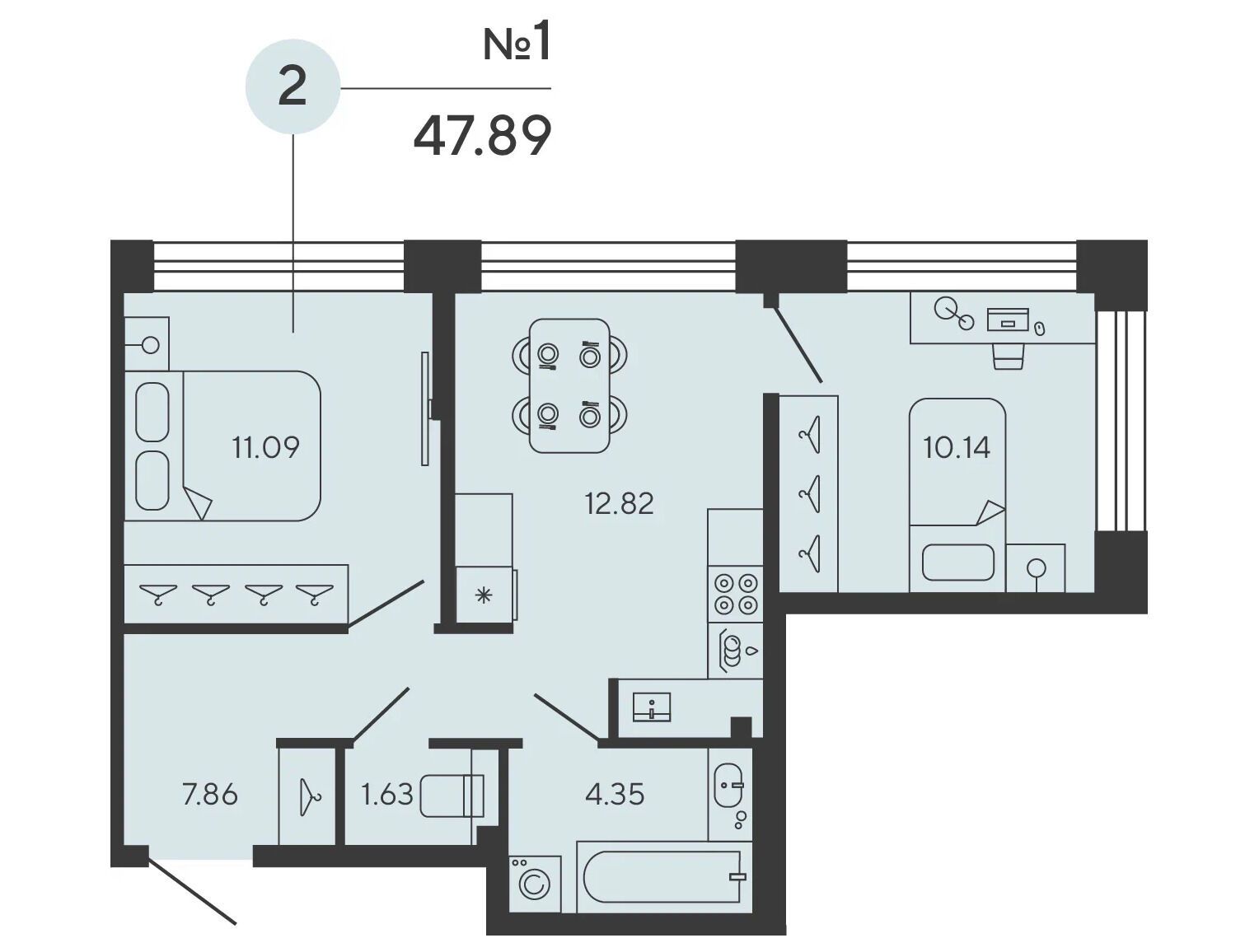 Планировка: 2-комн. квартира 47.89 м² в новостройке Башни Элемент