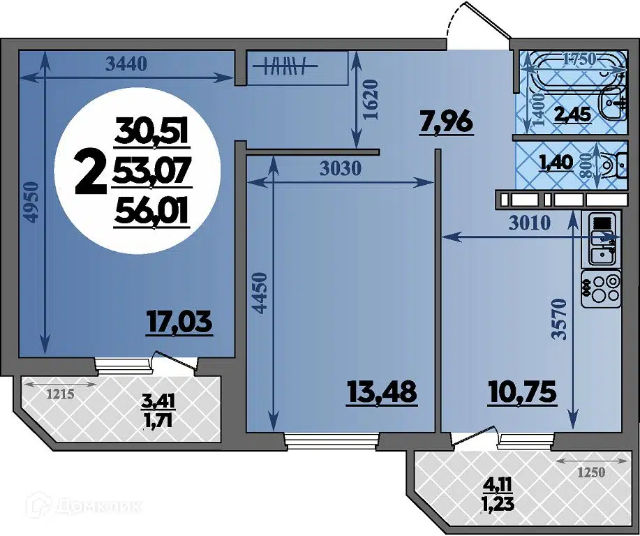 Планировка: 2-комн. квартира 56.01 м² в новостройке Квартал №6