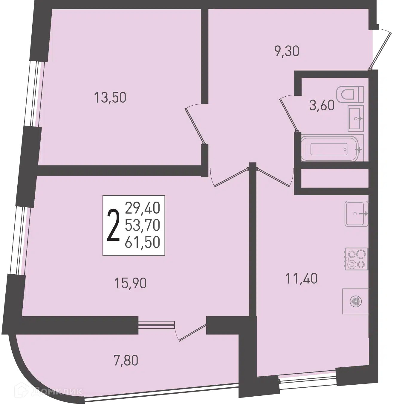 Планировка: 2-комн. квартира 61.50 м² в новостройке Огурцы