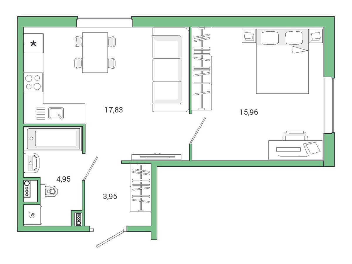Планировка: 1-комн. квартира 43.00 м² в новостройке Янила Драйв