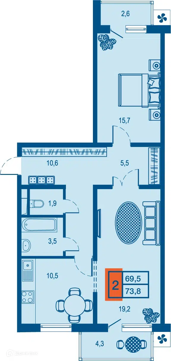 Планировка: 2-комн. квартира 69.50 м² в новостройке Дом у озера