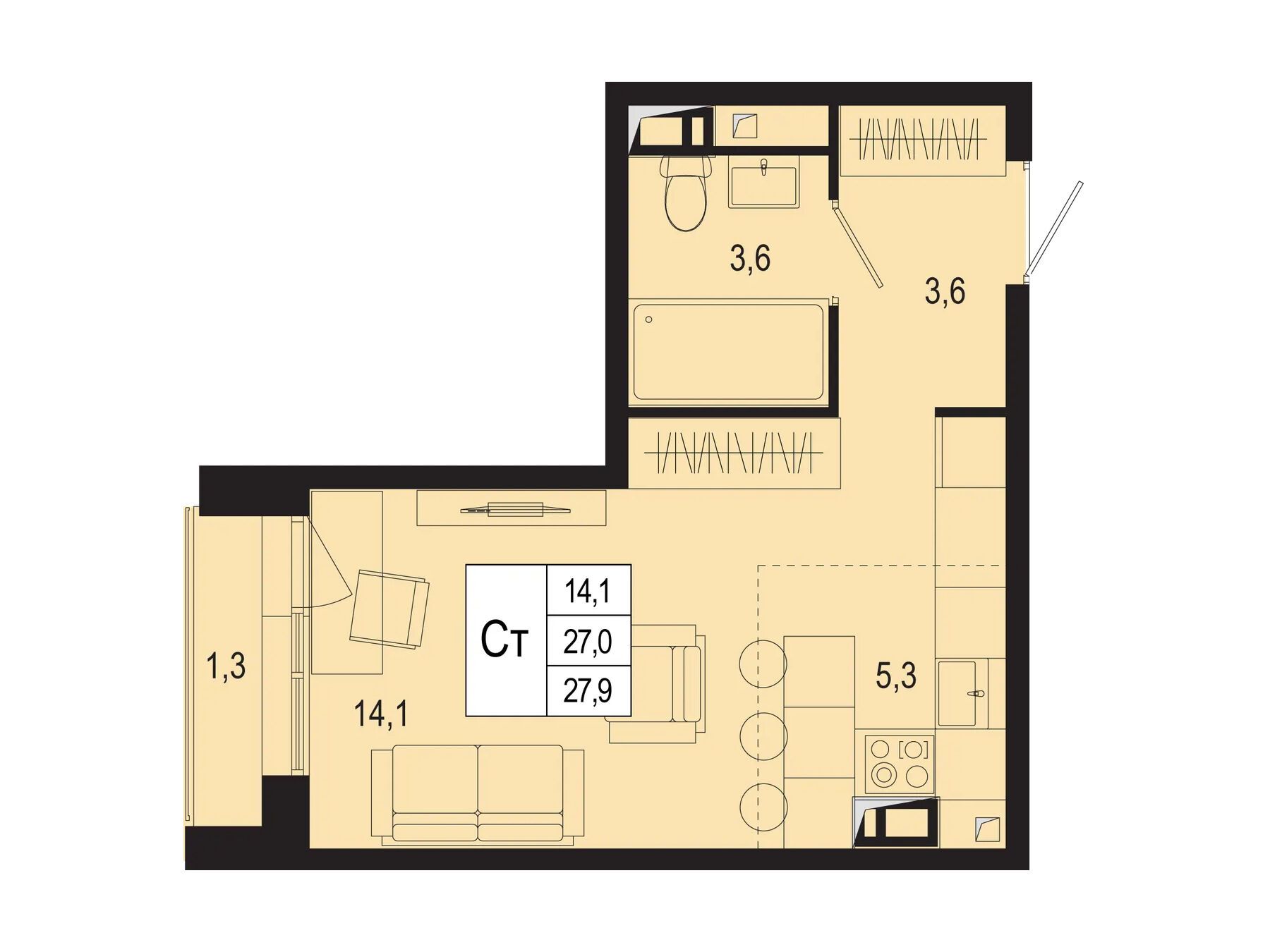 Планировка: Студия 27.00 м² в новостройке ЖК Новая Щербинка