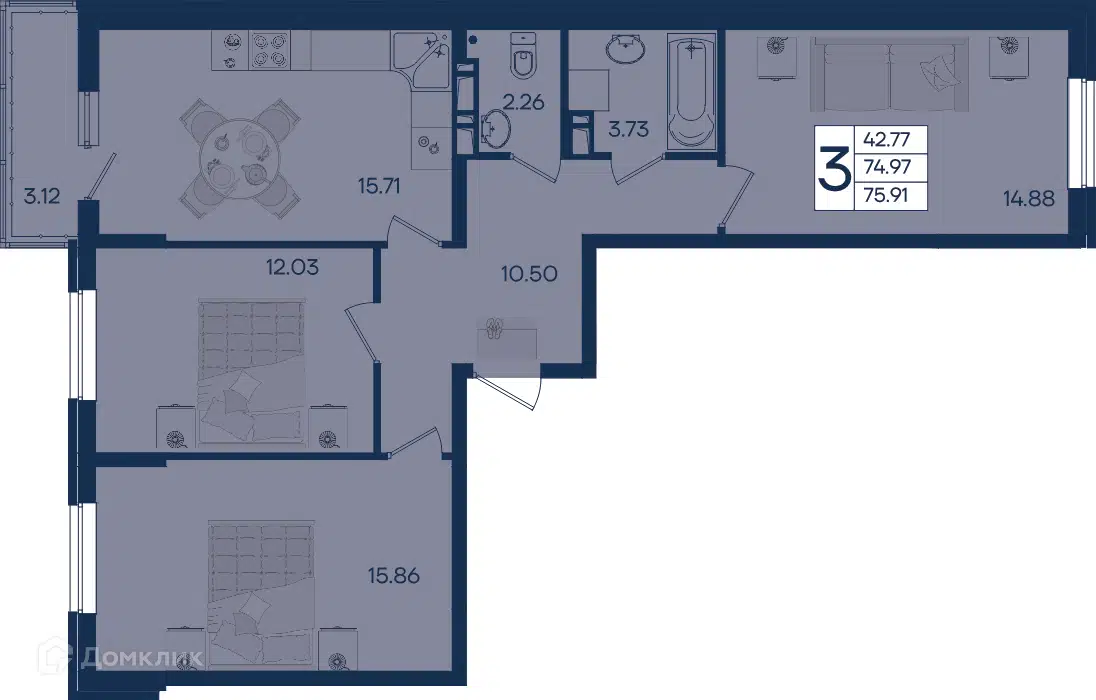 Планировка: 3-комн. квартира 75.91 м² в новостройке Дом 101
