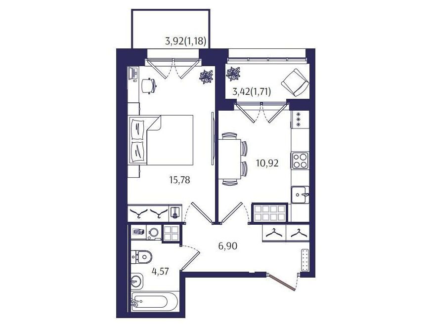 Планировка: 1-комн. квартира 41.06 м² в новостройке Ранта Резиденс