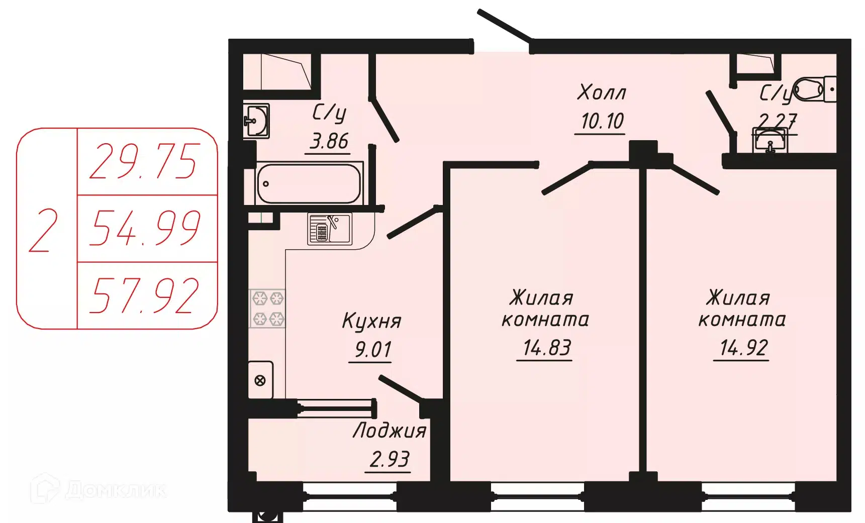 Планировка: 2-комн. квартира 57.92 м² в новостройке По ул. Фоменко