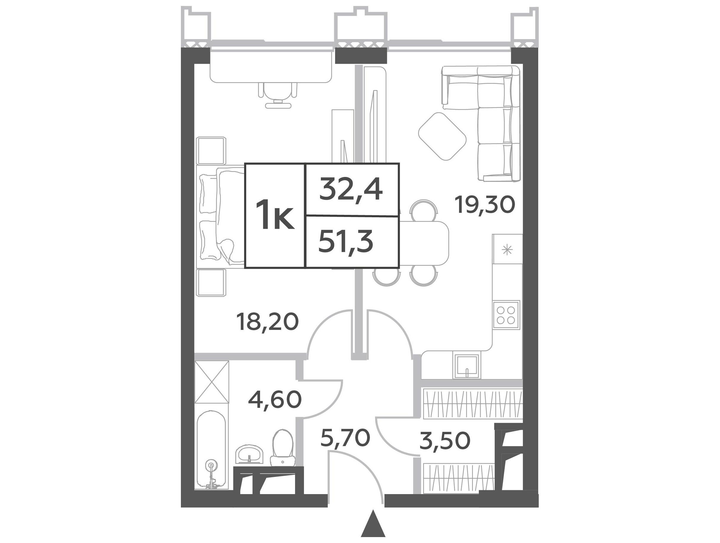 Планировка: 2-комн. квартира 51.30 м² в новостройке Вилл Тауэрс