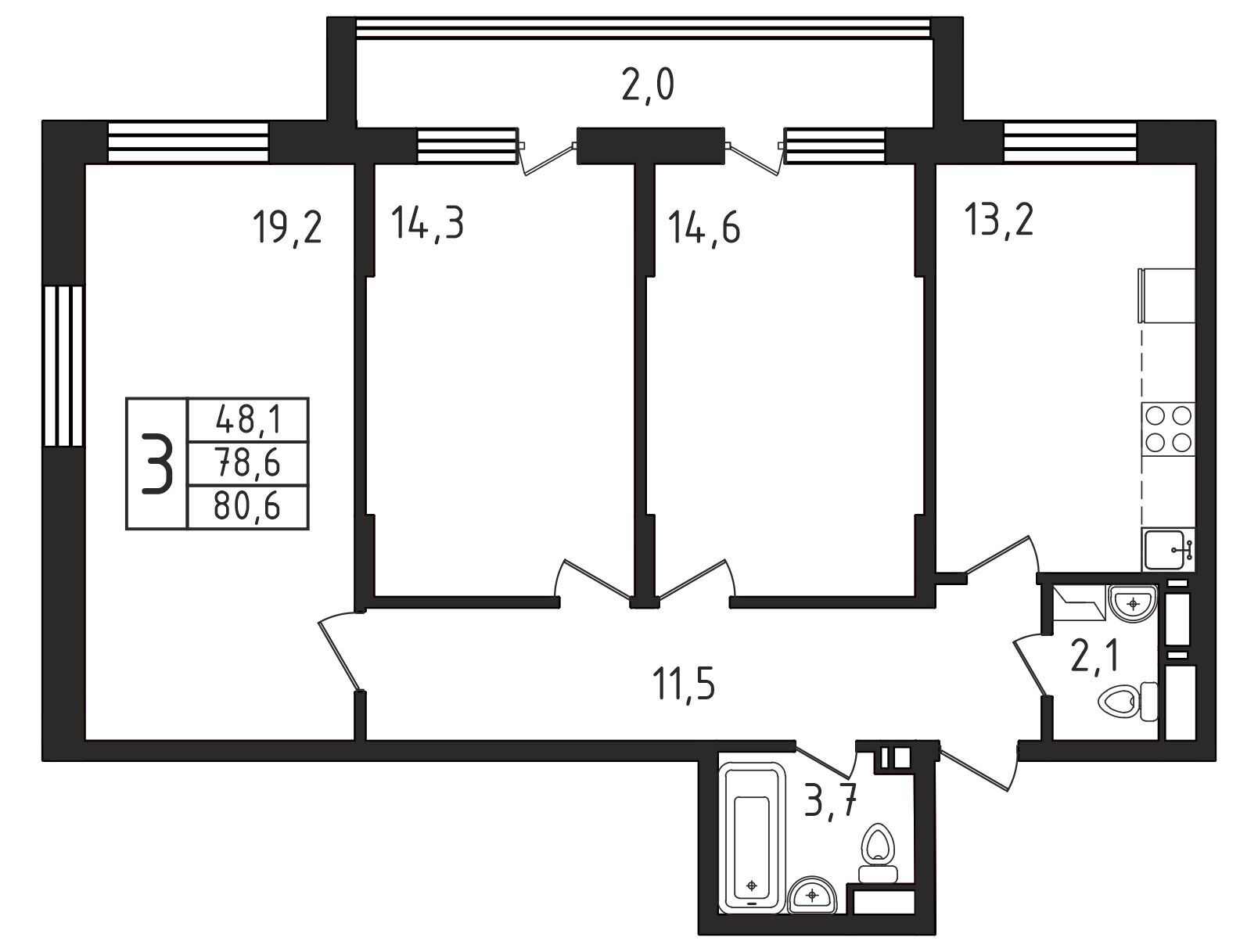 Планировка: 3-комн. квартира 80.60 м² в новостройке ЖК Пироговская ривьера