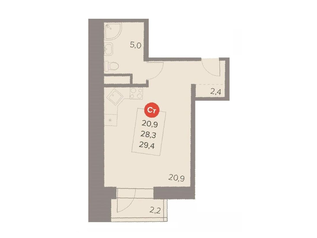Планировка: Студия 29.40 м² в новостройке Отлично