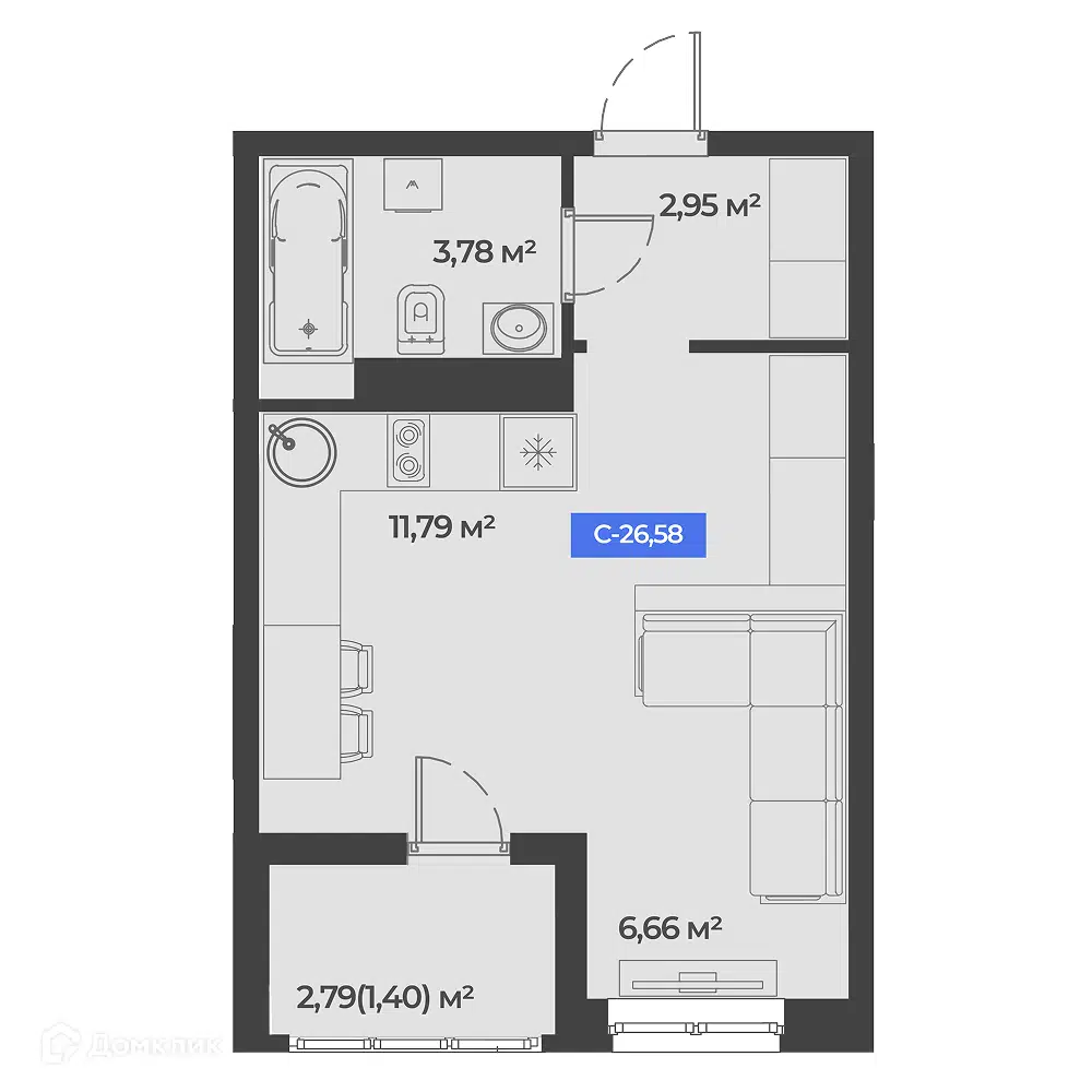 Планировка: Студия 26.58 м² в новостройке Соловей