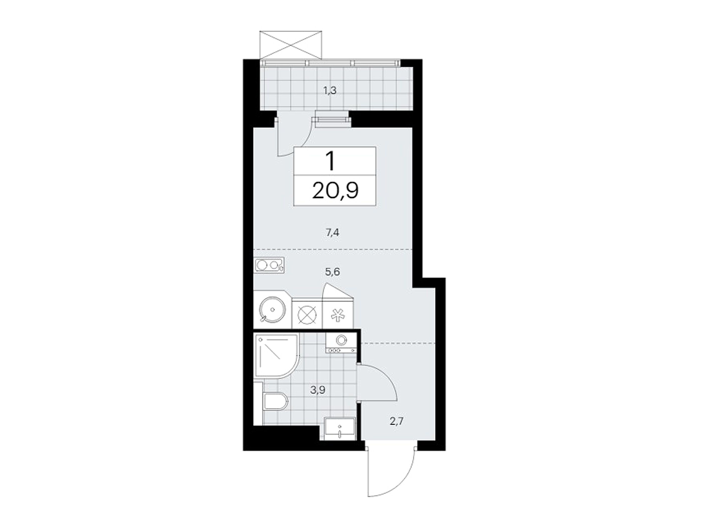 Планировка: Студия 20.70 м² в новостройке Бунинские кварталы