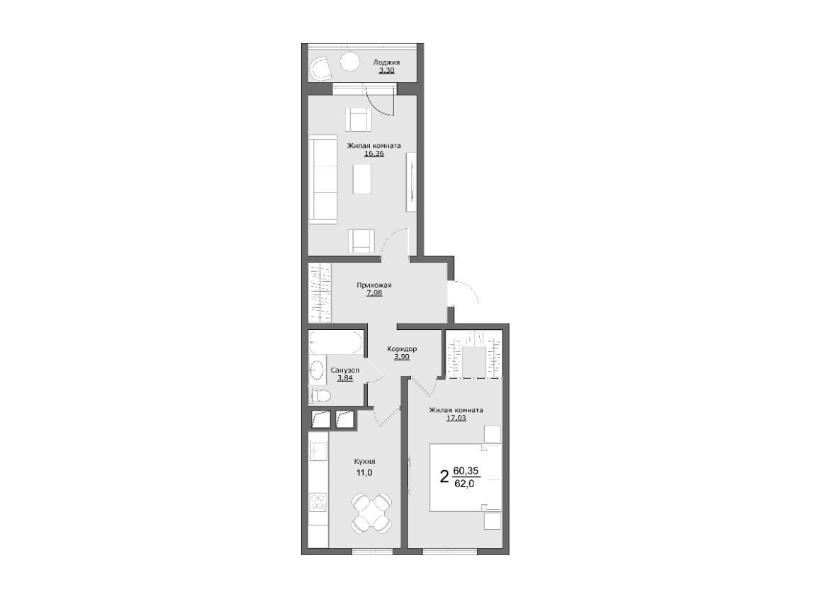 Планировка: 2-комн. квартира 62.00 м² в новостройке Клевер