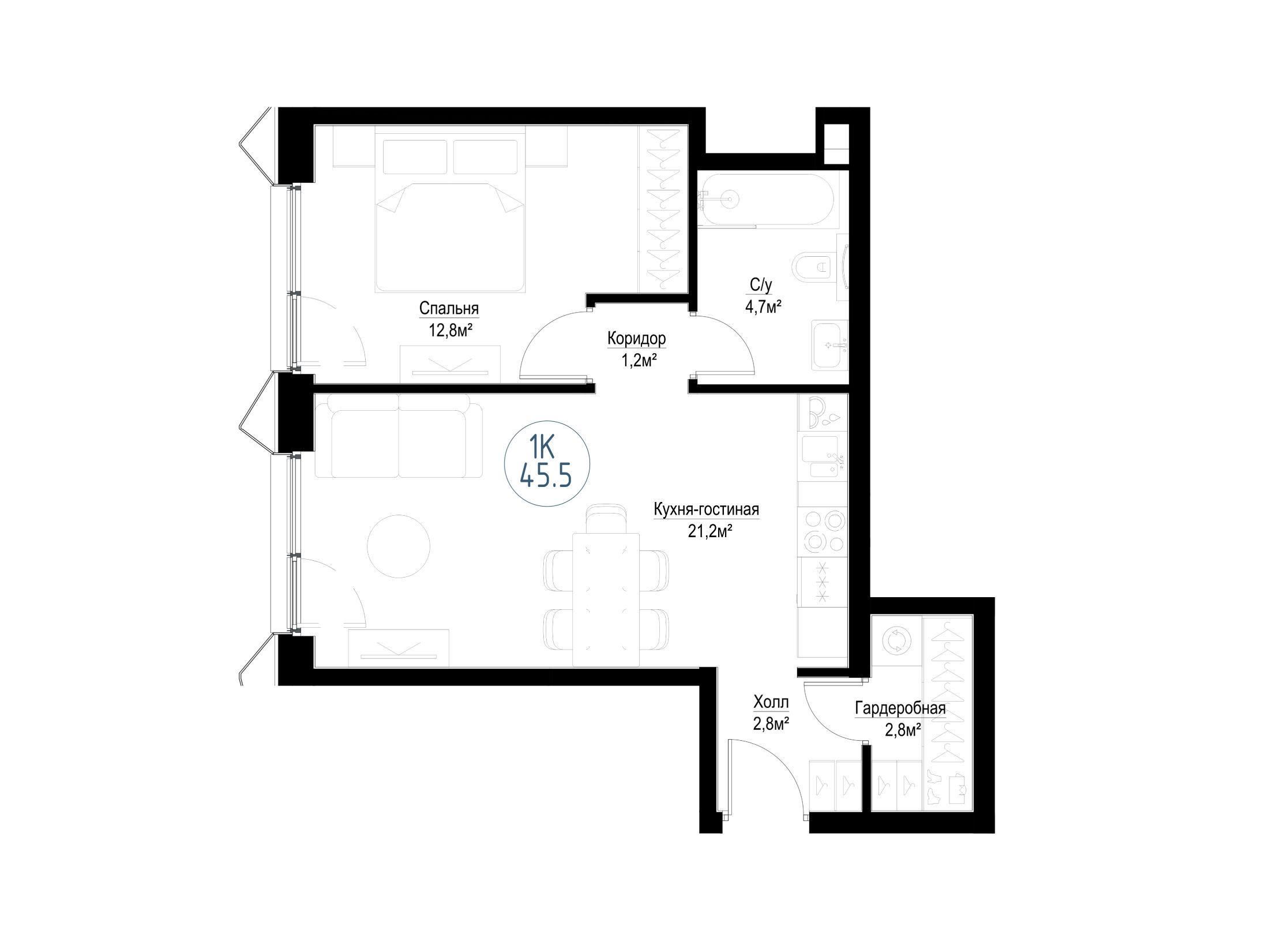 Планировка: 1-комн. квартира 44.70 м² в новостройке Метрополия