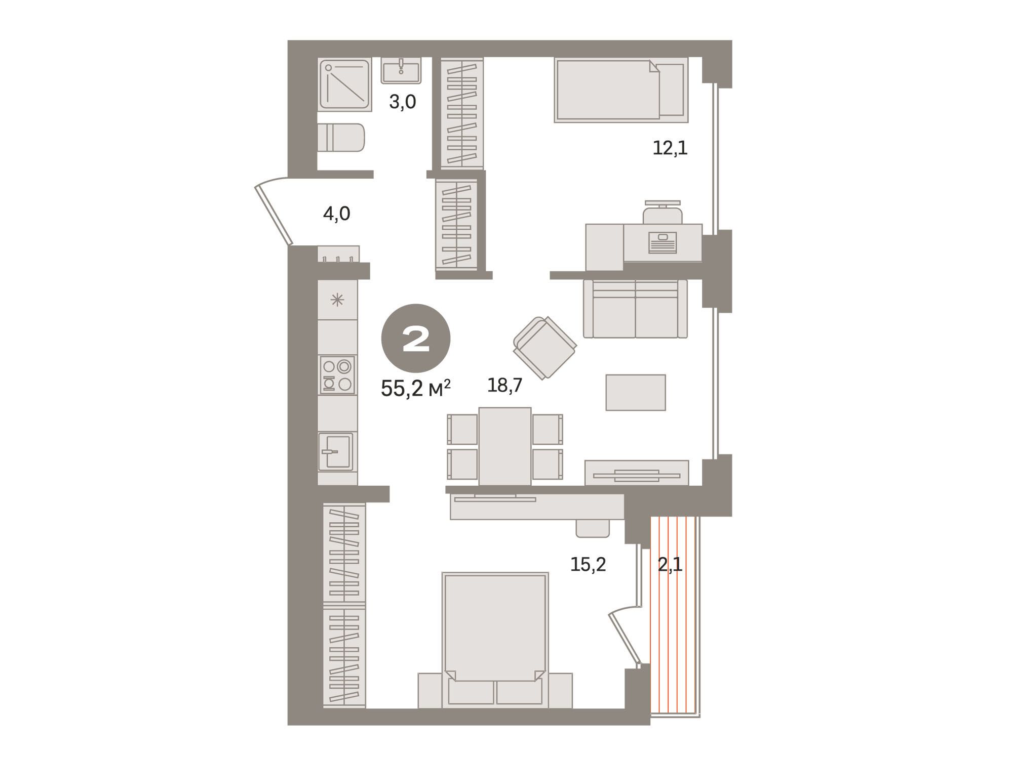 Планировка: 2-комн. квартира 55.20 м² в новостройке Первый квартал