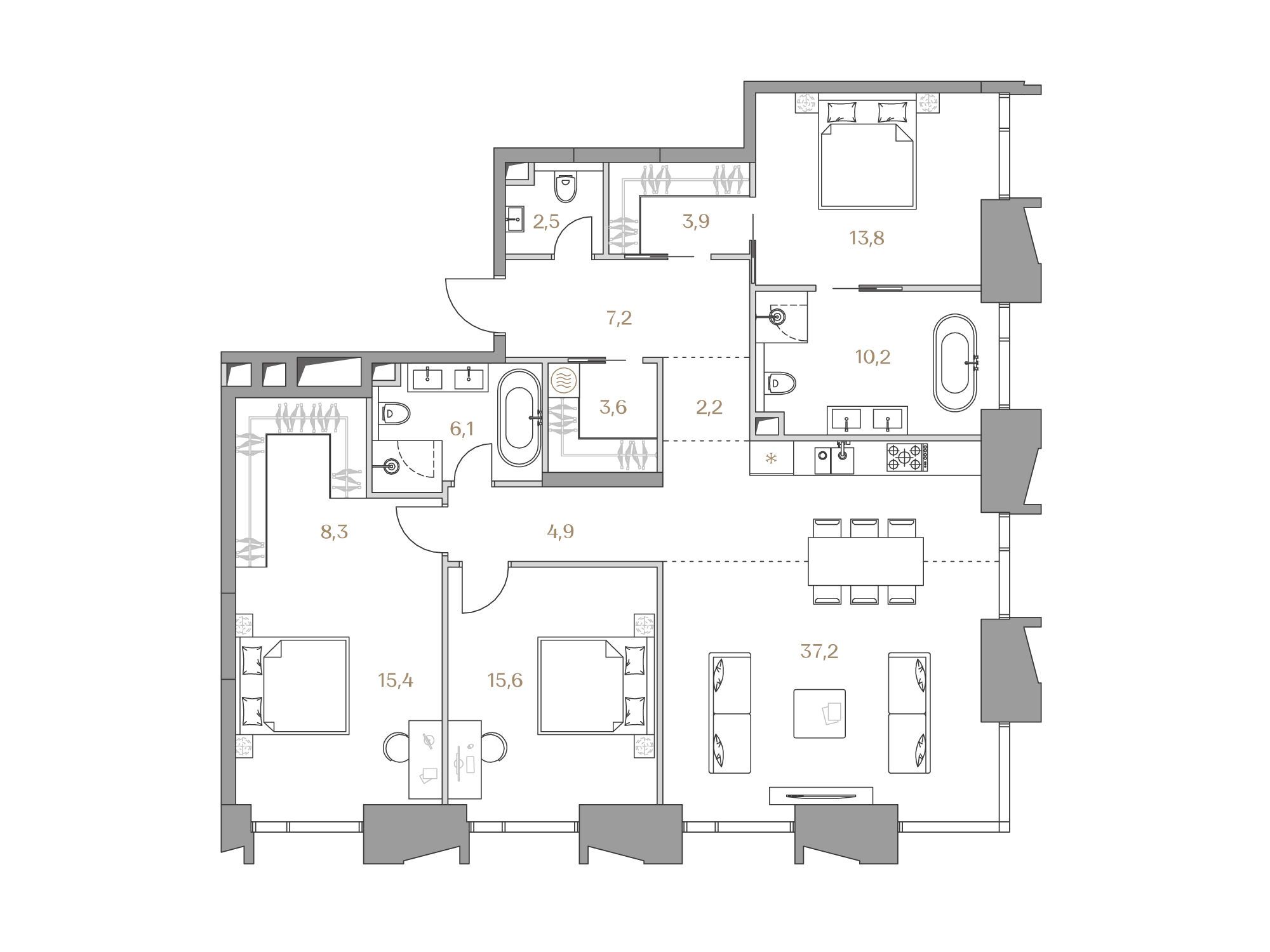 Планировка: 3-комн. квартира 130.90 м² в новостройке Коллекция Лужники