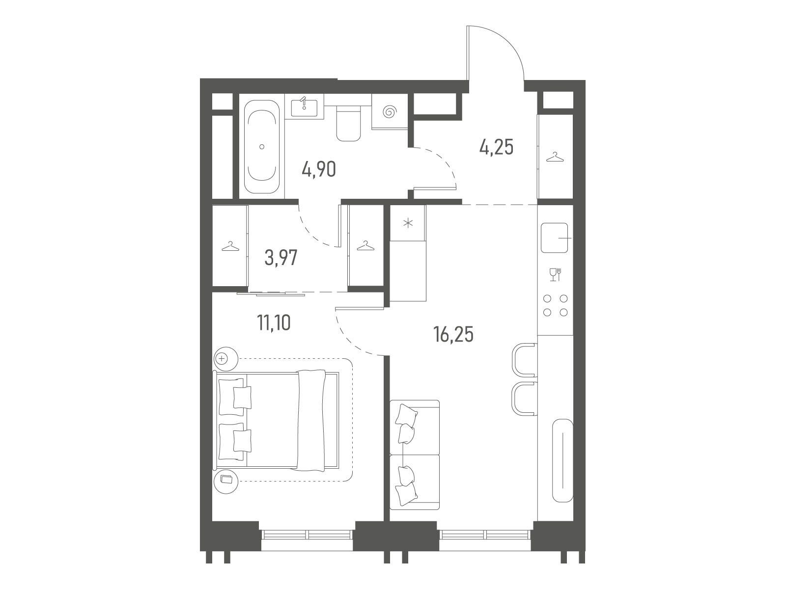 Планировка: 1-комн. квартира 40.47 м² в новостройке Индиво