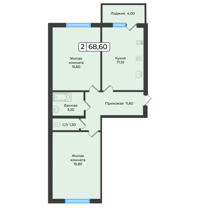 Планировка: 2-комн. квартира 68.60 м² в новостройке Европейский 5