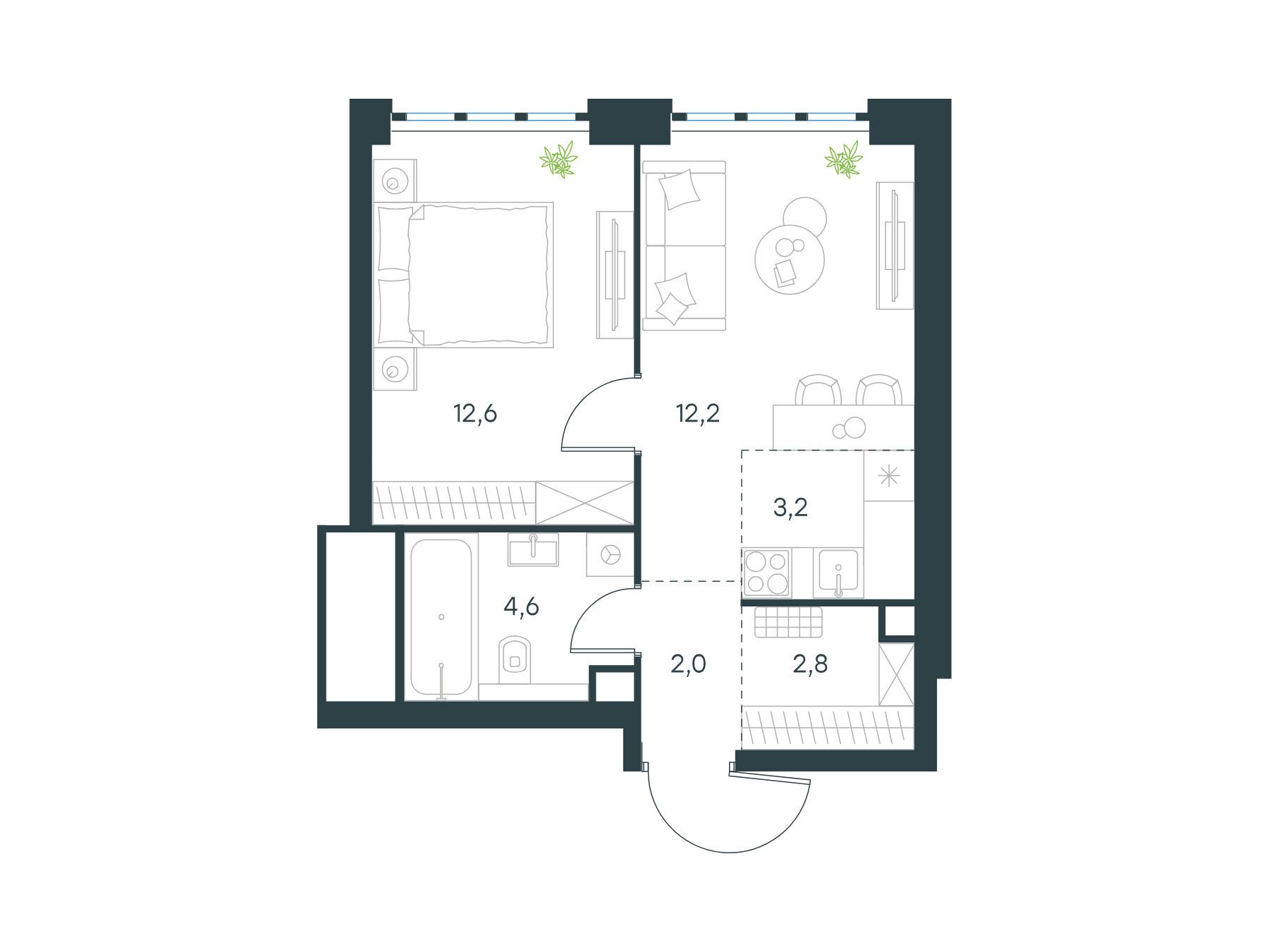 Планировка: 2-комн. квартира 37.40 м² в новостройке Левел Южнопортовая