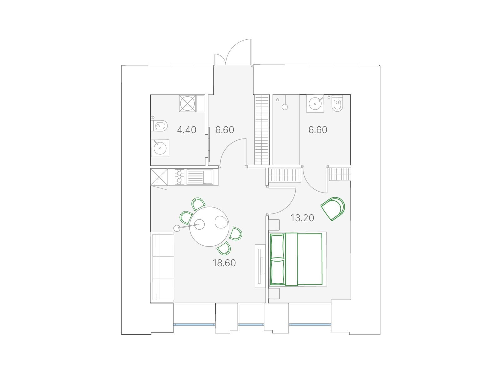 Планировка: 1-комн. квартира 49.60 м² в новостройке Дуо