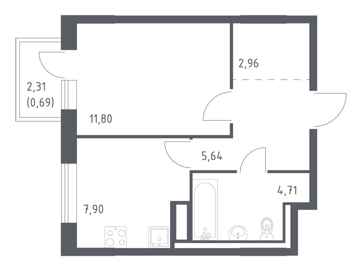 Планировка: 1-комн. квартира 33.70 м² в новостройке Лаголово