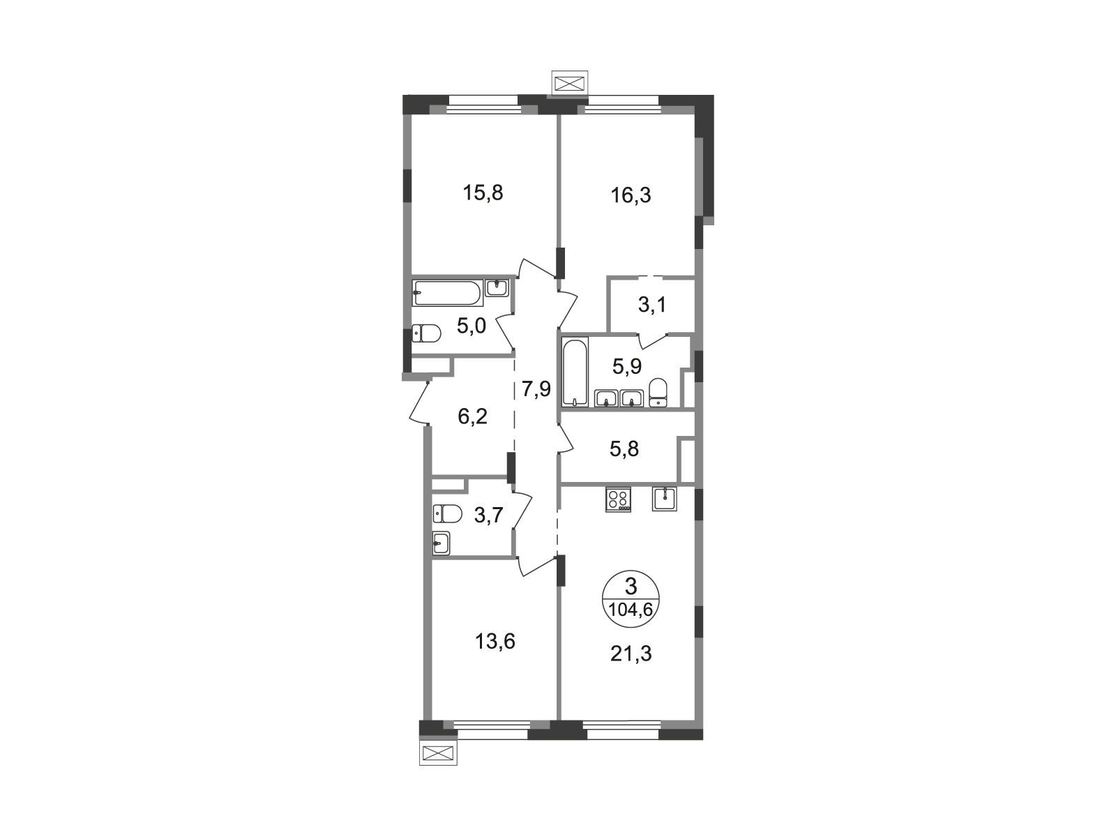 Планировка: 3-комн. квартира 104.60 м² в новостройке Резиденции Сколково
