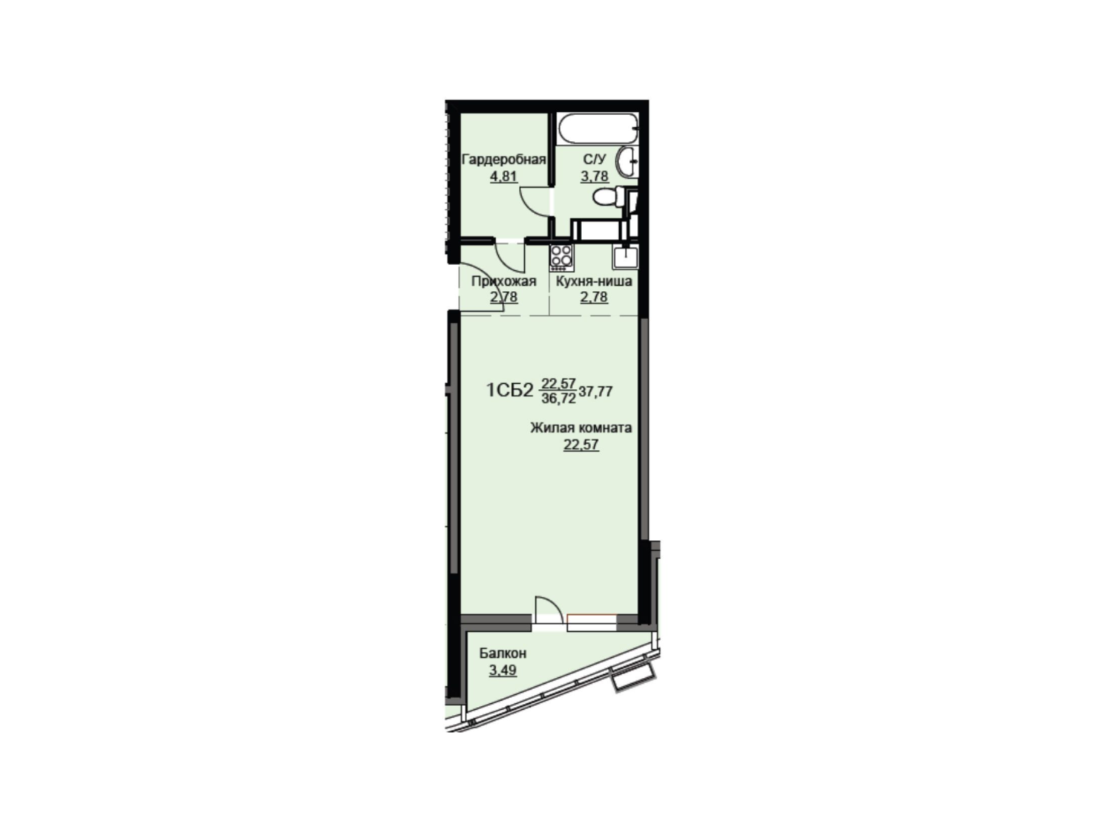 Планировка: Студия 38.30 м² в новостройке Соболевка
